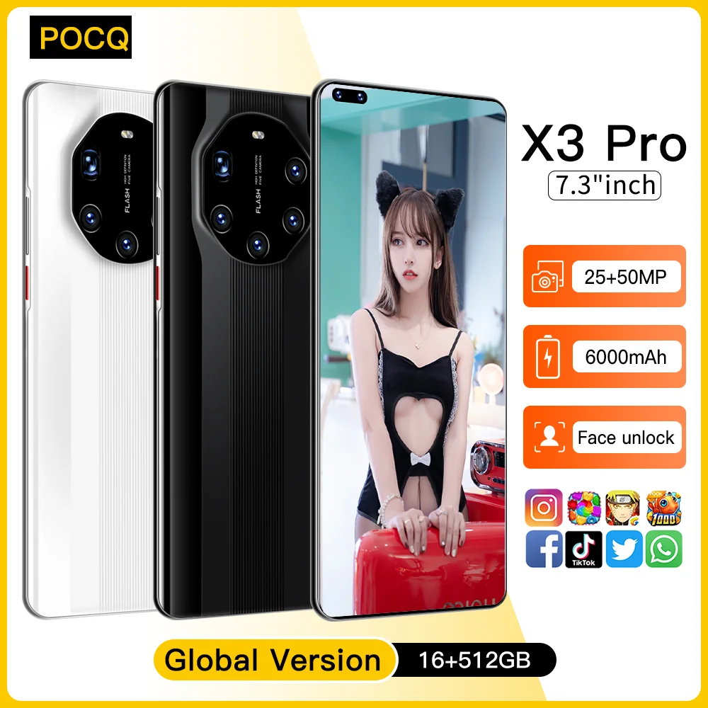 

[World Premiere In Stock] POCQ X3 Pro 7.3inch HD Screen Smartphone 120Hz Unlocked Android 10 Telephone Face ID Unlock Cellphones