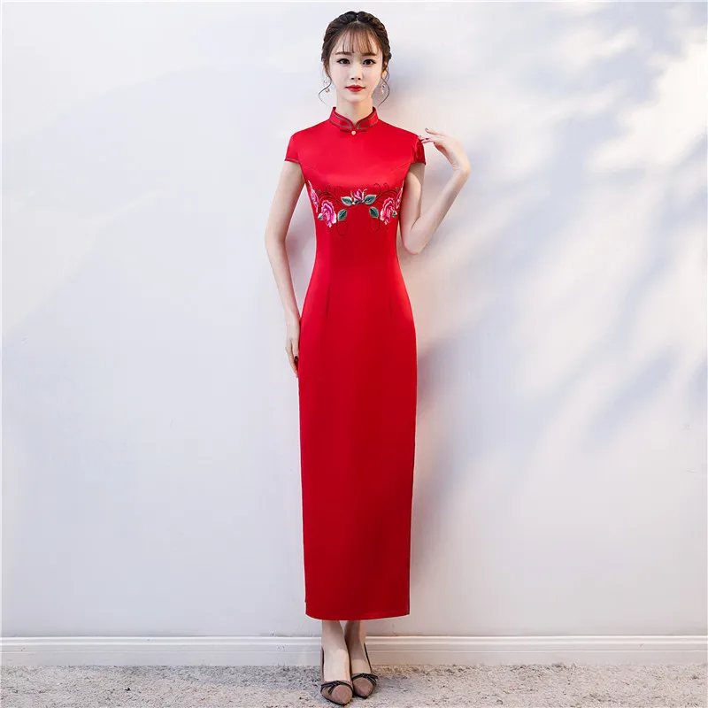 Современная Элегантная вышивка цветок Cheongsam 2019 аналогичное шелковое длинное Qi Pao