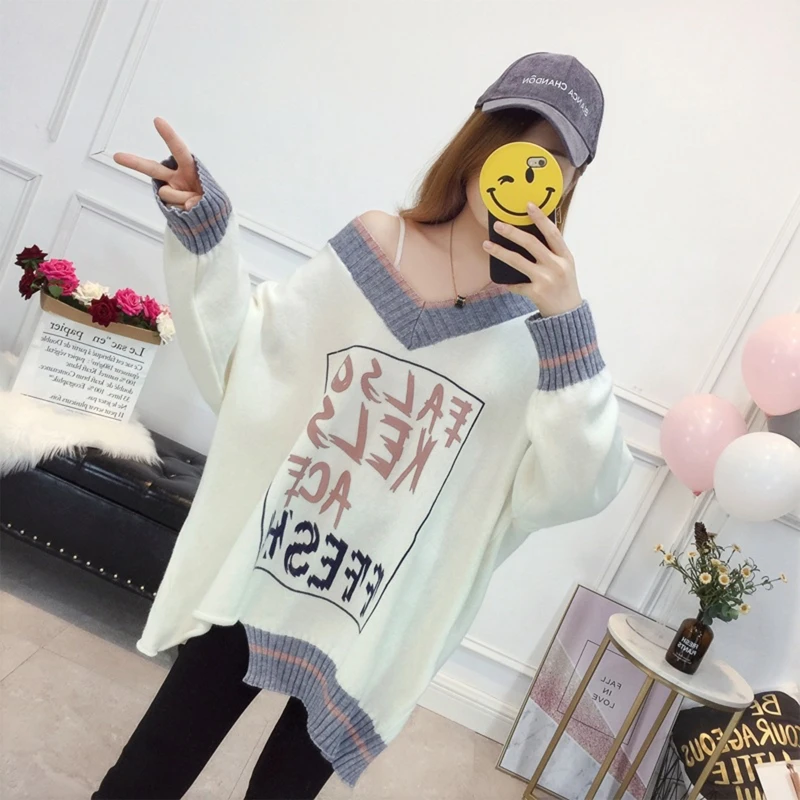 

Women Long Sleeve Knitted Sweater Sexy V-neck Loose Pullover Slounchy Jumper Female Spring Autumn Tunic Tops Streetwear