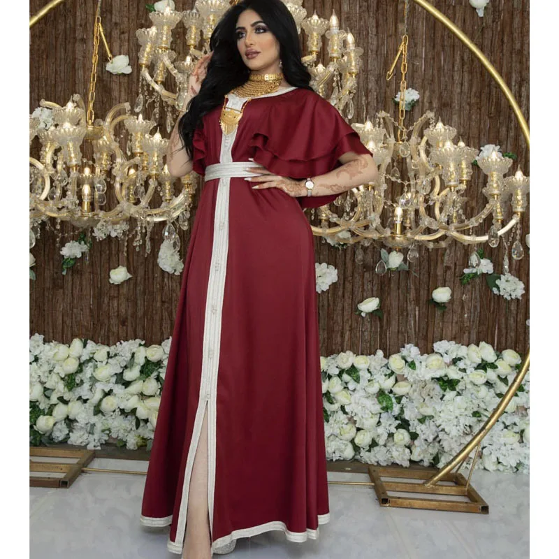 

Muslim Female Abaya Turkey Dubai Jalabiya Lace Ribbon Robe Lotus Sleeve Dress 2021 New Fashion Women Islamic Clothing