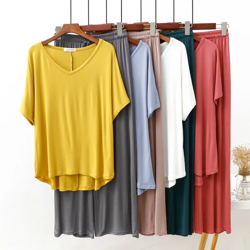 

Women's Modal Patchwork Pajamas Set Sleepwear Women Pajama 2Piece/Suit Full Sleeves Shirt Pant Lingerie Mom Top Casual Homewear