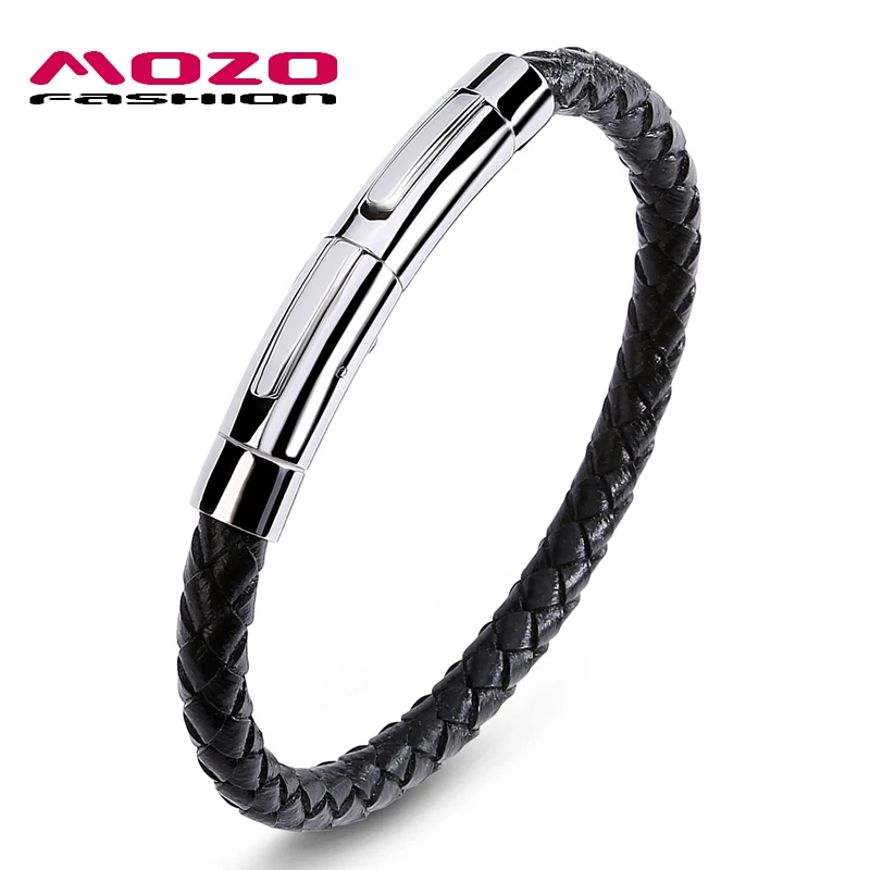 

Fashion Men Casual Exquisite Stainless Steel Clasps Black Leather Bracelet Bangles Hot Selling Jewelry PS1052