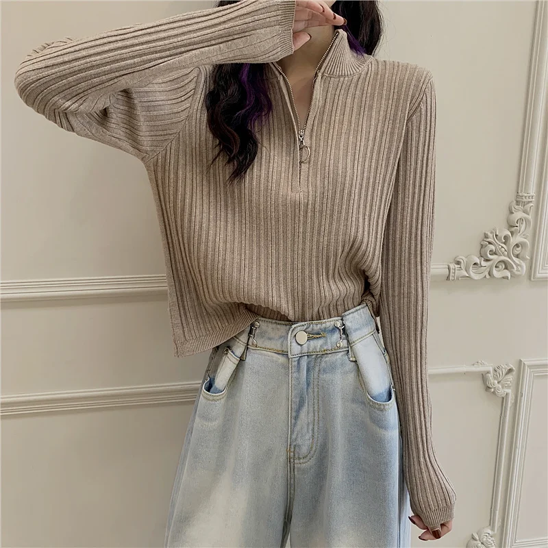 

Широкие брюки с высокой талией, футболка в Корейском стиле, дизайнерская водолазка на молнии, цветной свитер с длинным рукавом, Топ