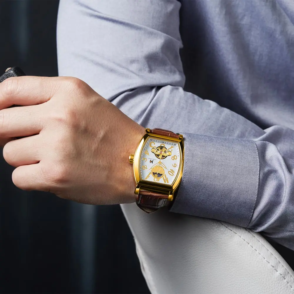 Мужские автоматические механические часы AOKULASIC Moonphase Gold Tonneau с ремешком из