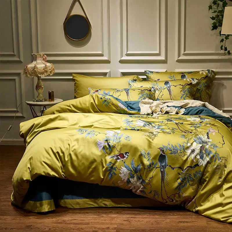 

2023 Yellow Silky Egyptian cotton Chinoiserie style Birds Plant Duvet Cover Super US King Queen Size Bedding Set 4Pcs --------