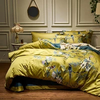 yellow silky egyptian cotton chinoiserie style birds plant duvet cover super us king queen size bedding set 4pcs