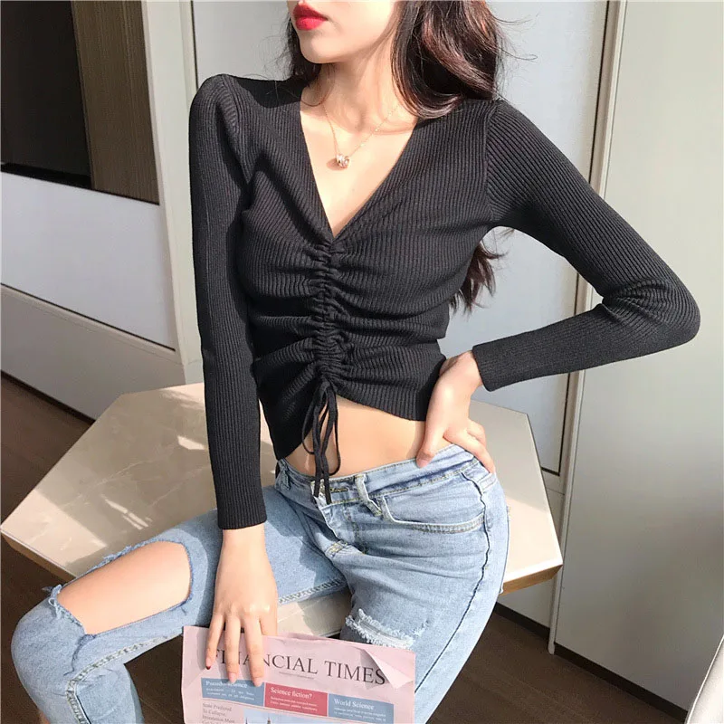 

2021 New Sweaters Women Fashion V-Neck Casual Thick Solid 2021 Autumn Sweater Long Sleeve Pullovers Female Crop Tops Drawstring