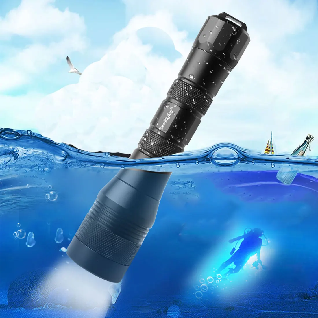 

SecurityIng Diving Photography Video Flashlight Wide 120 Degrees Beam Angle Scuba 1050Lm 150M XM-L2 U4 LED Underwater Torch