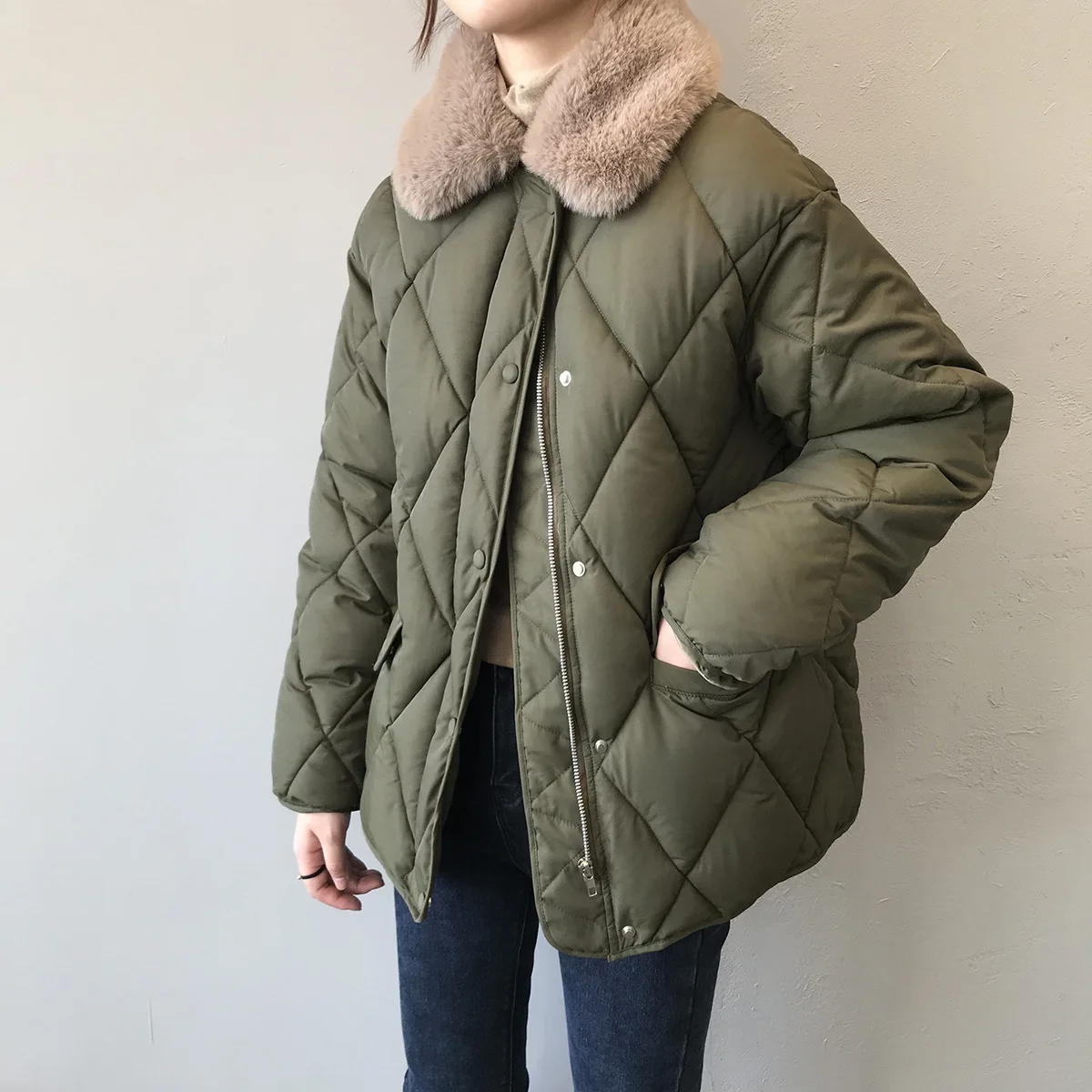 

Women Winter Parkas Long Sleeve Faux rabbit fur Collar Warm Zipper Jacket Casaco Feminino Cotton Coat Streetwear