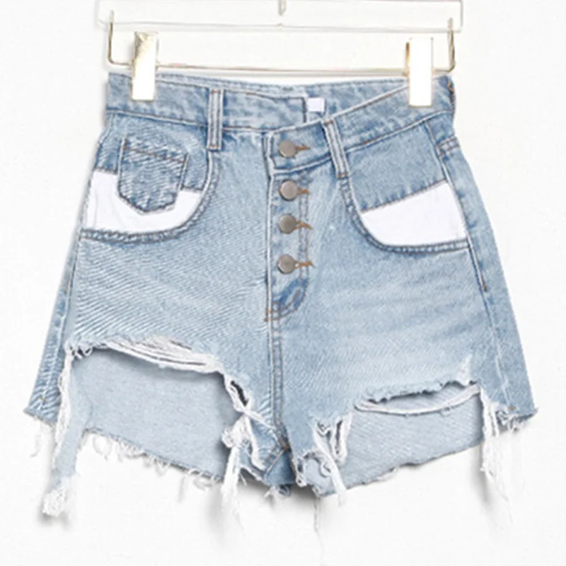 

WOMENGAGA 2021 Korea Summer New Sweet Girl Female Irregular High Waist Sexy Slim Denim Shorts Tassel Hollow Out Hole AH2W