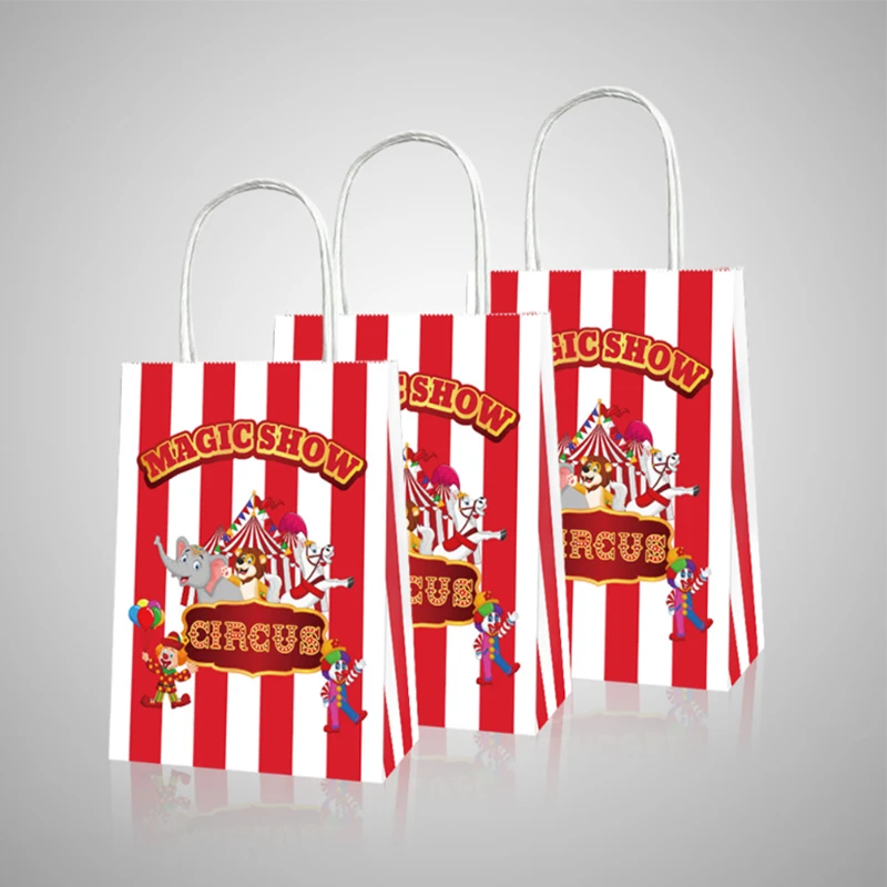 

6PCS Circus White Red Strpe Paper Bags With Handle Candy Kids Carnival Themed Birthday Gift Handbag Home Baking Packaging Favor