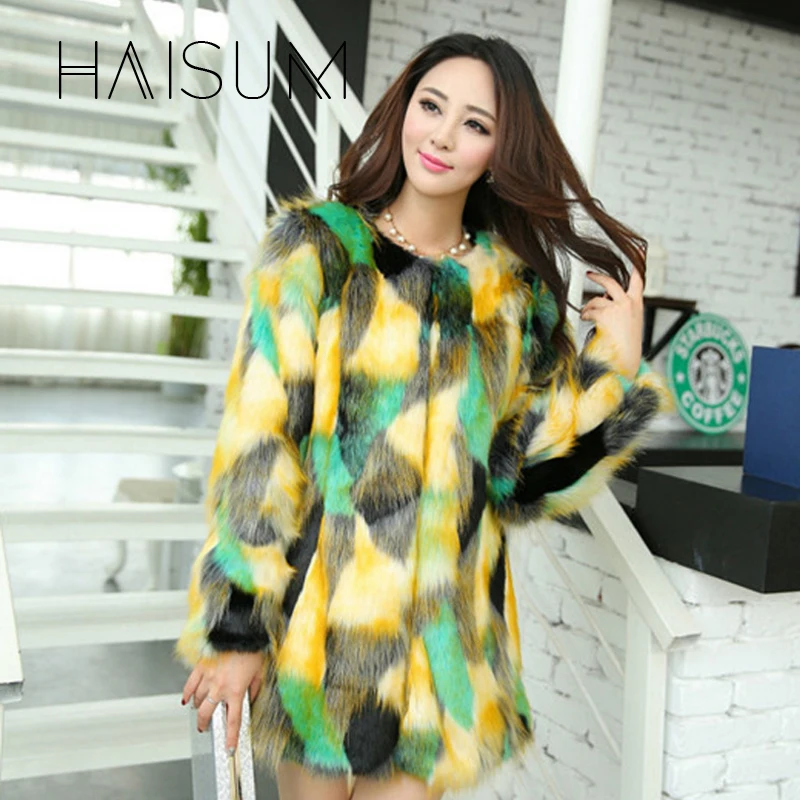 Женское пальто из искусственного меха зимнее теплое смешанных цветов лисьего с