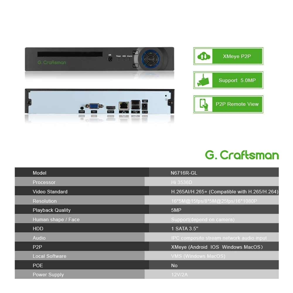 XMeye 16ch 5MP NVR с функцией распознавания лиц H.265 + Onvif сети видео Регистраторы 1 HDD 24/7