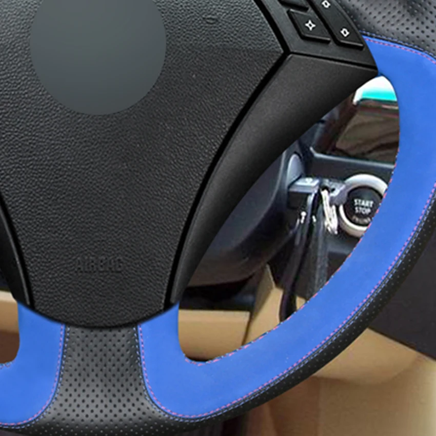 

LQTENLEO DIY Car Steering Wheel Cover Black Leather Blue Suede For BMW E60 E61 520i 520li 523 523li 525 525i 530 530i 535 545i