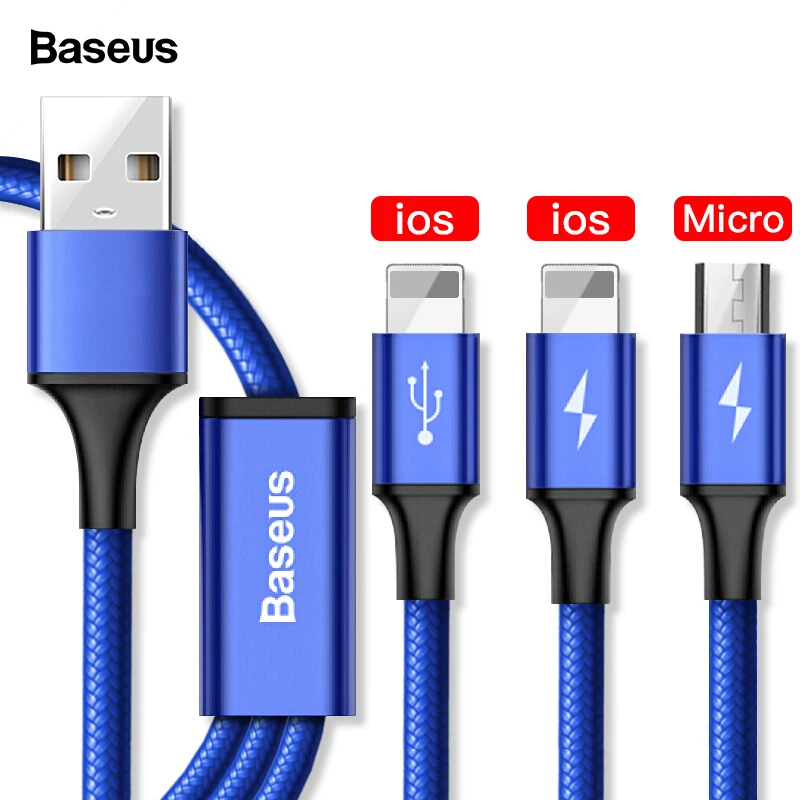 Baseus 3 в 1 USB кабель для iPhone Xs Max Xr X 8 7 6 6s 5 5S SE Charing зарядное устройство Micro USB кабель для samsung Xiaomi Android телефон