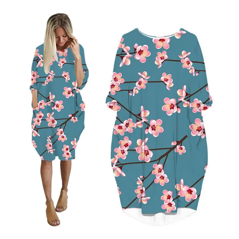 

midi dress shirt woman floral 3d printed fashion pocket harajuku long sleeve flower dresses women streetwear plus size clothes