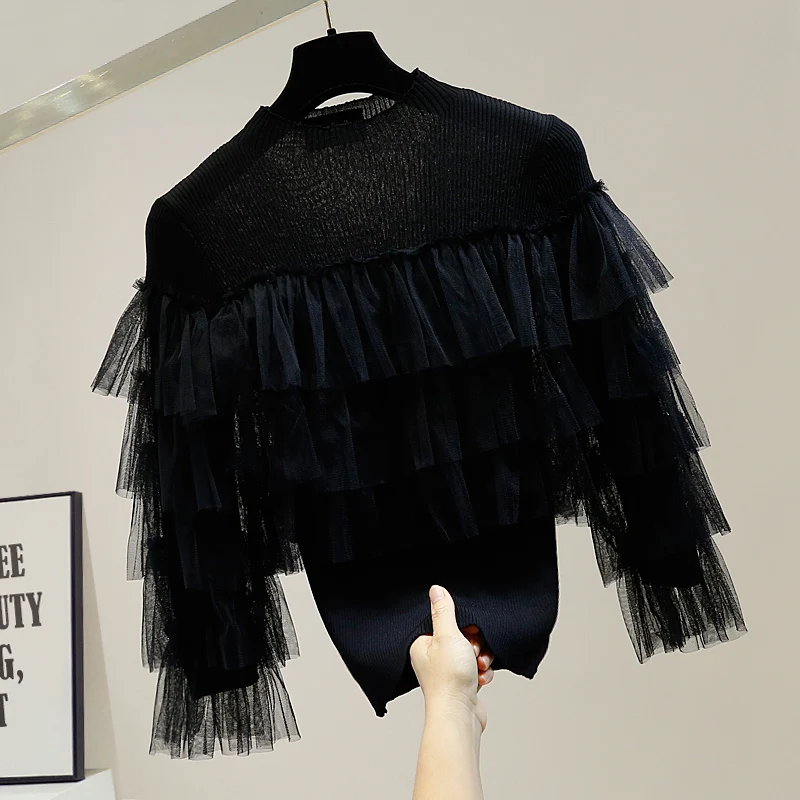 Женский топ с милой многослойной сеткой в виде листьев лотоса облегающая