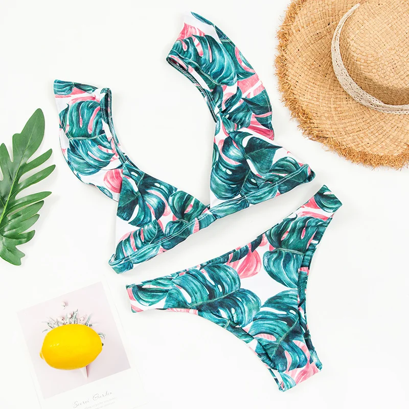 

Leaf Print Swimwear Summer Ruffle Bikini Set Flounced Bathing Suit Girl Swimsuit Tropical Swim Wear Brazilian Biquinis Badpak