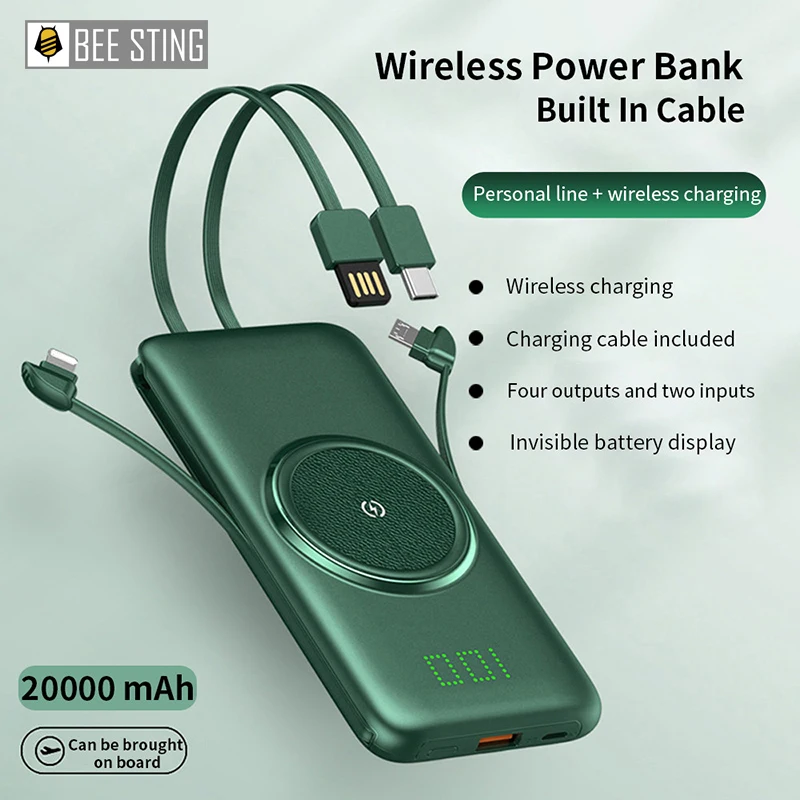 

20000mAh mobile power Qi Беспроводное зарядное устройство Встроенный 4 USB кабели для мобильных телефонов Huawei OnePlus портативный телефон внешний аккумуля...