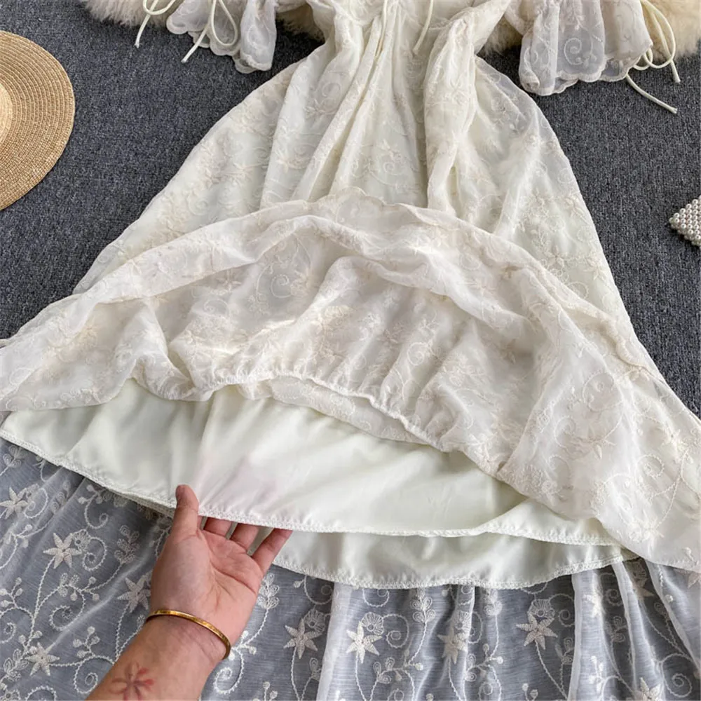 

Women Summer White Chiffon Dress V Neck High Waist Bandage Midi Dresses French Sweet Sundress Gown Female Clothing 2021 Atopos