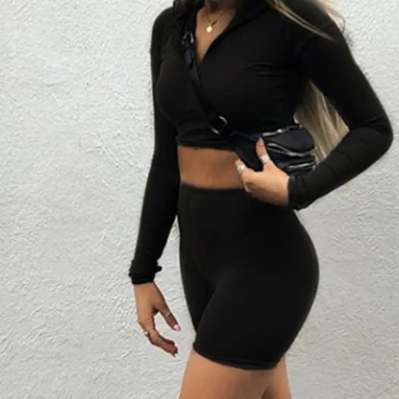 

Women Sexy Neon Solid Tracksuit Long Sleeve Turtleneck Zipper Crop Top Shorts MXMA