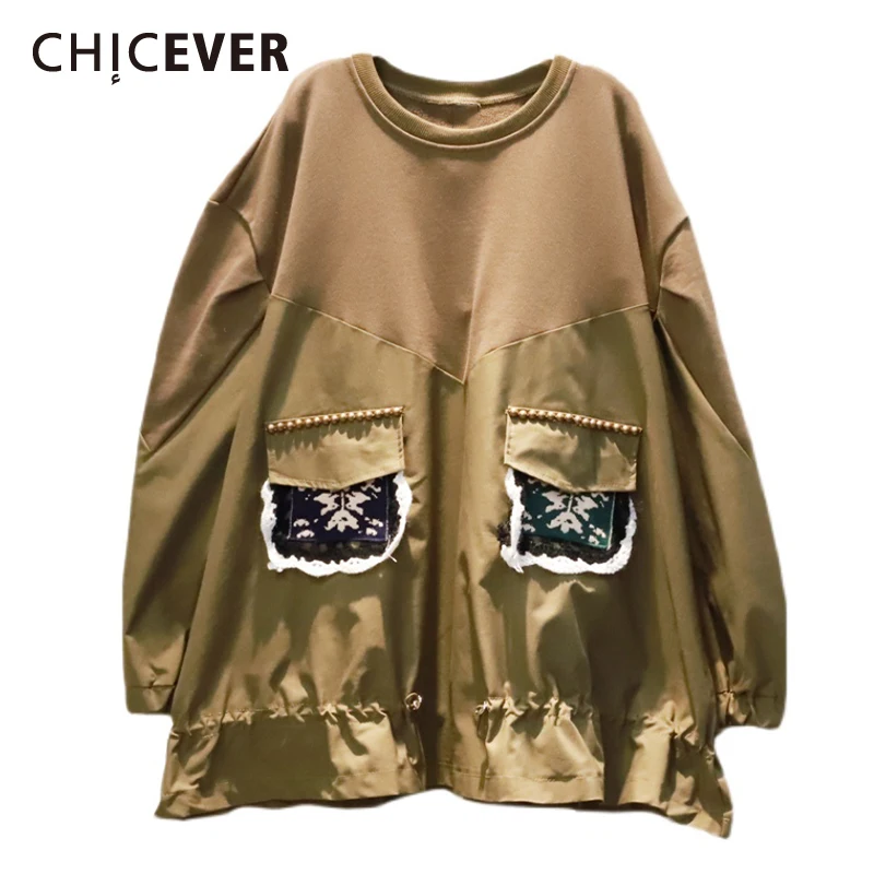 

CHICEVER Straight Shirt For Women Lapel Collar Long Sleeve Patchwork Pockets Drawstring Blouses Female Korean Fashion Clothing
