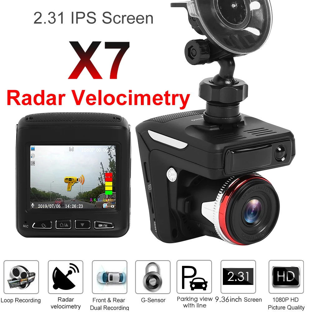 

Зеркало-тахограф заднего вида X7, 1080p, Full HD, 5 языков, голосовой сигнал, автомобильный радар-детектор, предупреждение скорости