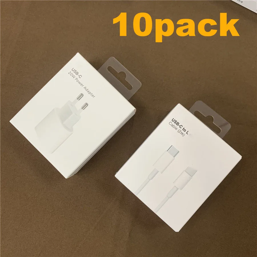 

10 Sets 20W PD Fast Charger for iPhone 13 12 Pro Max USB C C2L Adapter EU Travel Charger Cables with Original Box i13 i12 10pack