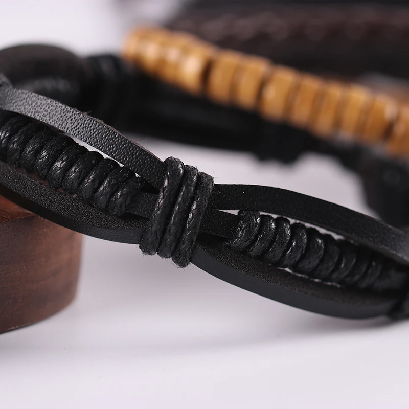 

Men's Braided Rope Wrapped Bracelet Bracelet Wooden Beads Men's Multilayer Leather Bracelet mens bracelets 2020 bohemian