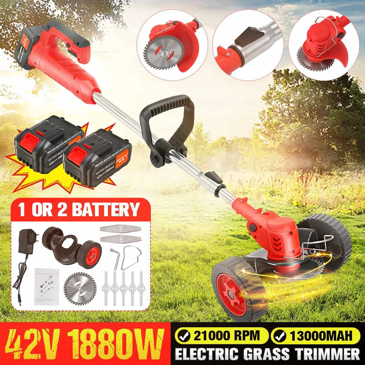 NEW 1880W 42V Cordless Electric Grass Trimmer Lawn Mower Weeds Brush Length Adjustable Cutter Garden Tools for Makita Battery