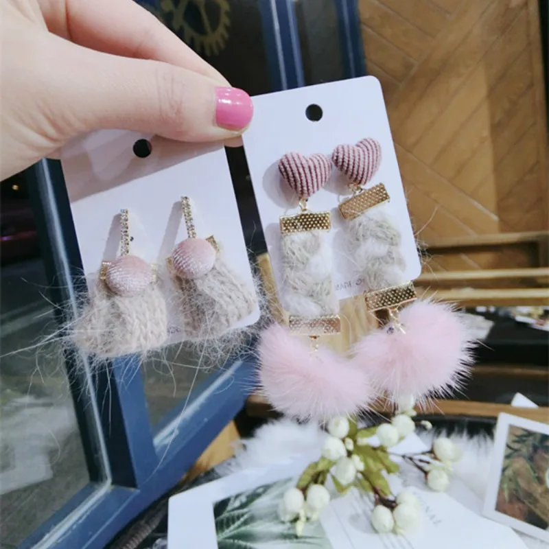 2019 New Korea Style Manual Weaving Wool Pink Mink Hair Student Drop Earrings for Girl Women Fashion Jewelry Accessories | Украшения и