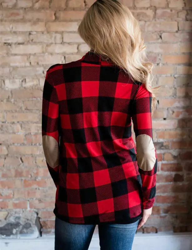 

Women's Buffalo Plaid Cardigans Long Sleeve Elbow Patch Draped Open Front Shirt