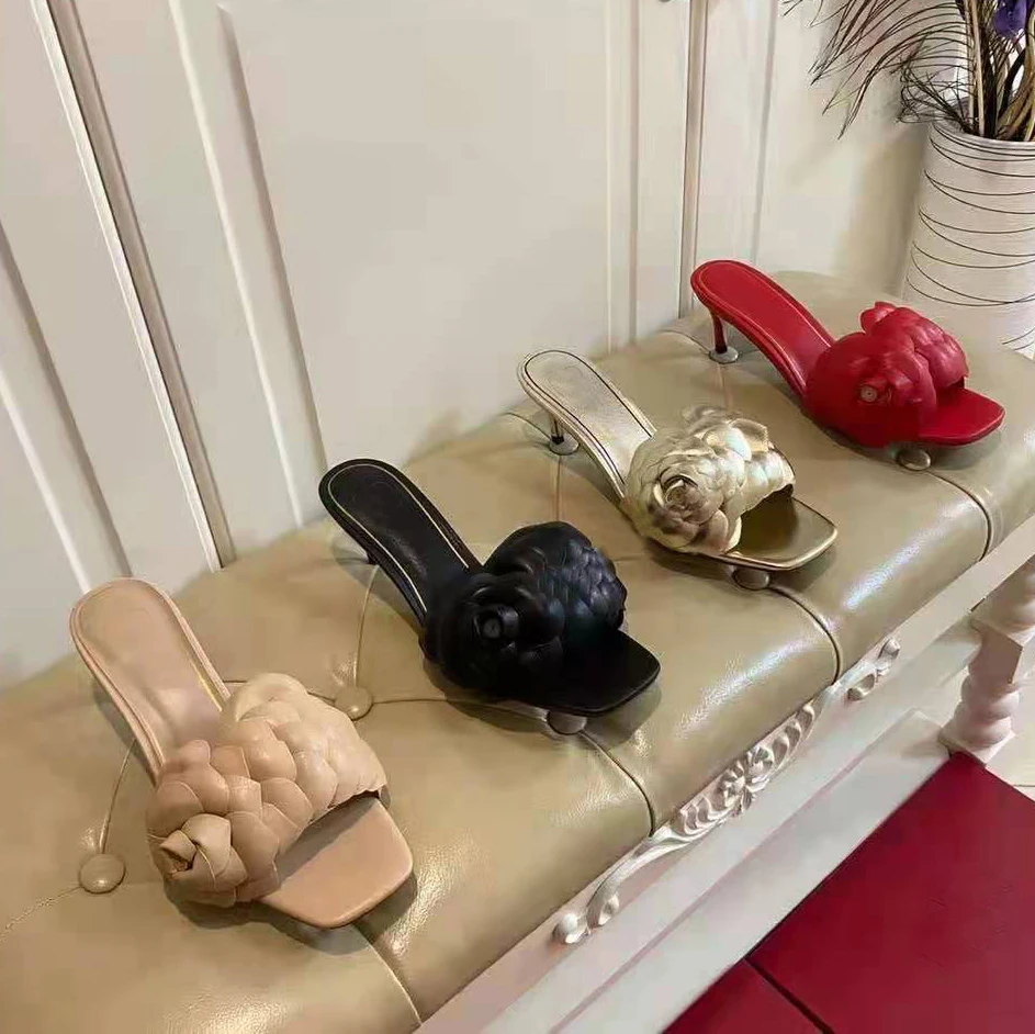 

2021 spring and summer new leather flowers ladies luxury fashion high-heel sandals, slippers 35-41 size