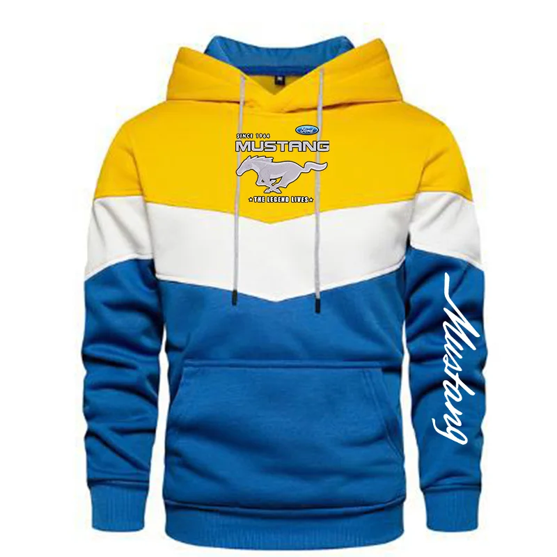 

2021 New Men's Ford Mustang Spring and Autumn Patchwork Color Pullover Long Sleeve Hoodie Fashion Cotton Sweatshirt 5 Colors