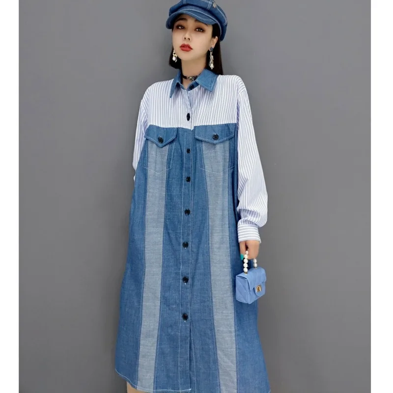 

QING MO Autumn Fashion Blue Dress Women Loose Large Size Denim Stitching Long Sleeved Dress 2021 New Trend Shirt Dress ZWL407