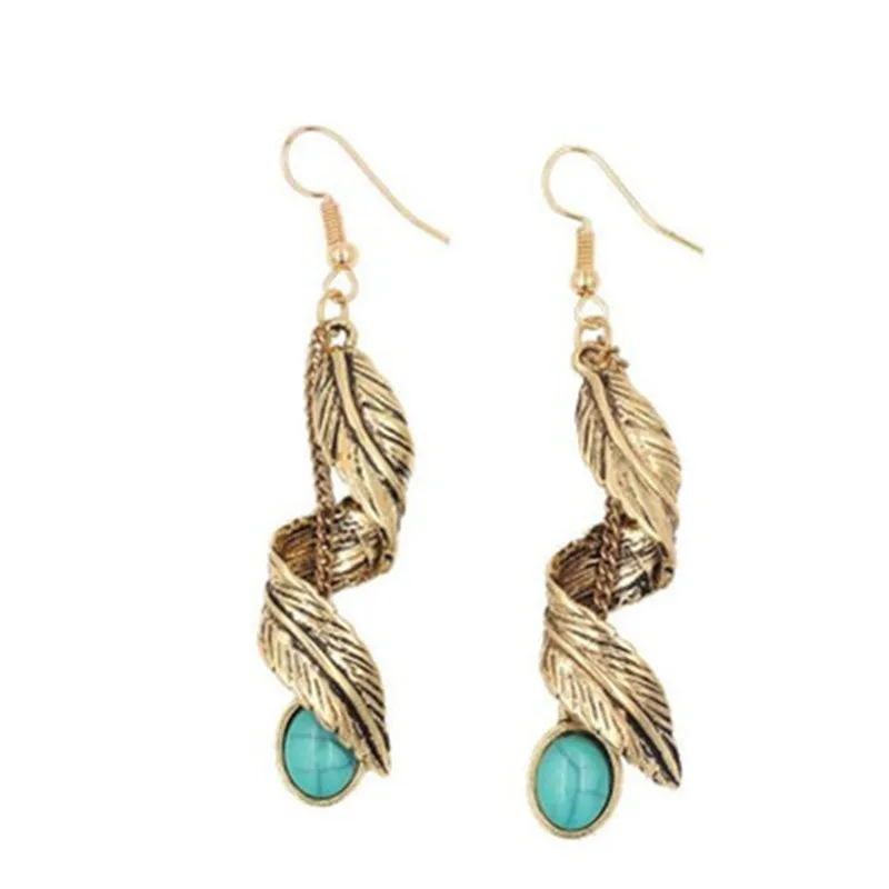 синие серьги бирюза серебро с бирюзой камнями Ретро Boho Turquoises листья для женщин