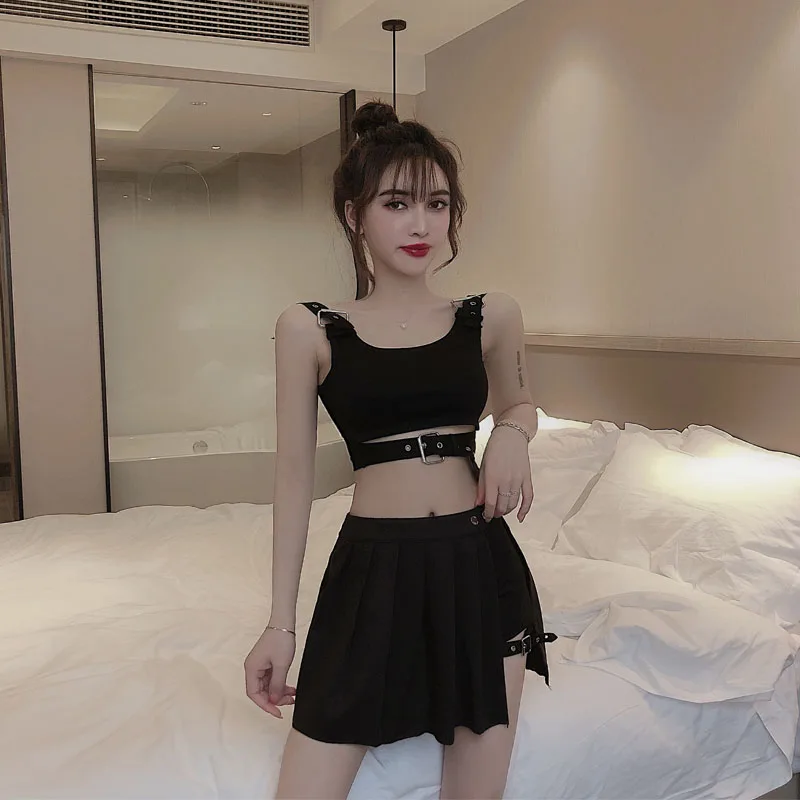 

Новое поступление, сексуальное черное платье для девочек, 2 шт., Индивидуальные Майки с плиссированным мини-платьем, платье в стиле панк с за...