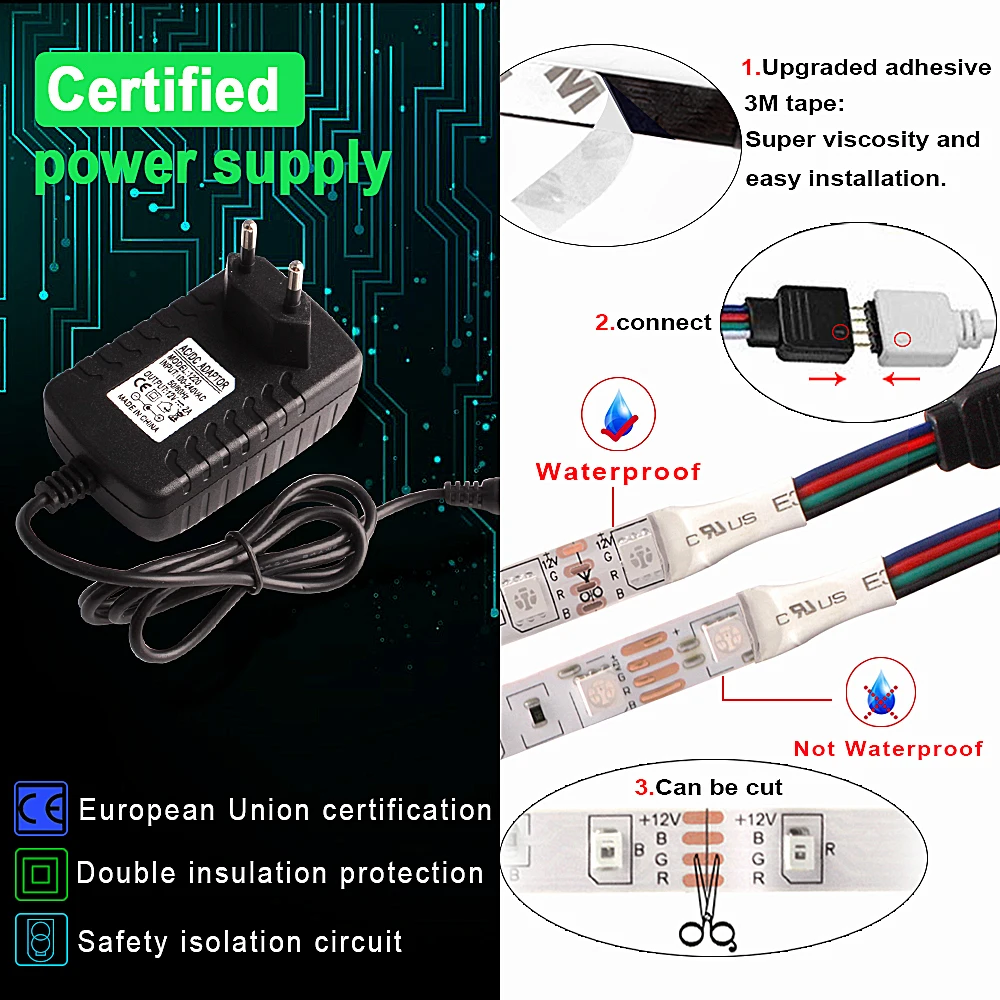 5050 RGB Светодиодные ленты 12V Водонепроницаемый с регулируемой яркостью Гибкая неоновая лампа Fita светодиодный RGB Тира светодиодный WiFi 24 клавиши/Bluetooth/2,4G пульт дистанционного управления в комплекте