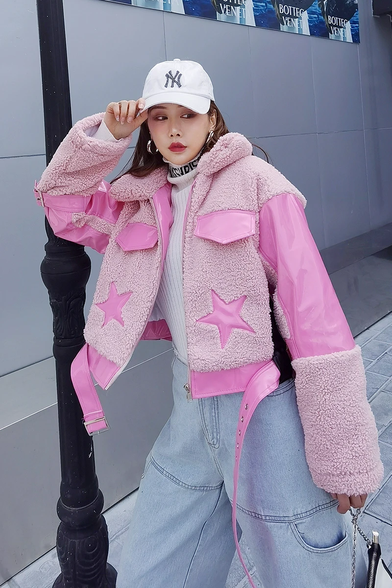 

European station 2020 winter new imitation lamb velvet patent leather shiny pink jacket women thick casual jacket all-match