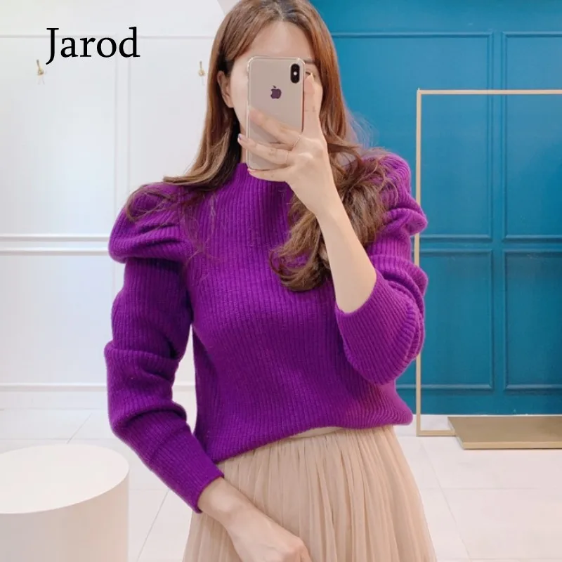 Женский свитер с длинным рукавом-фонариком вязаный высоким воротником