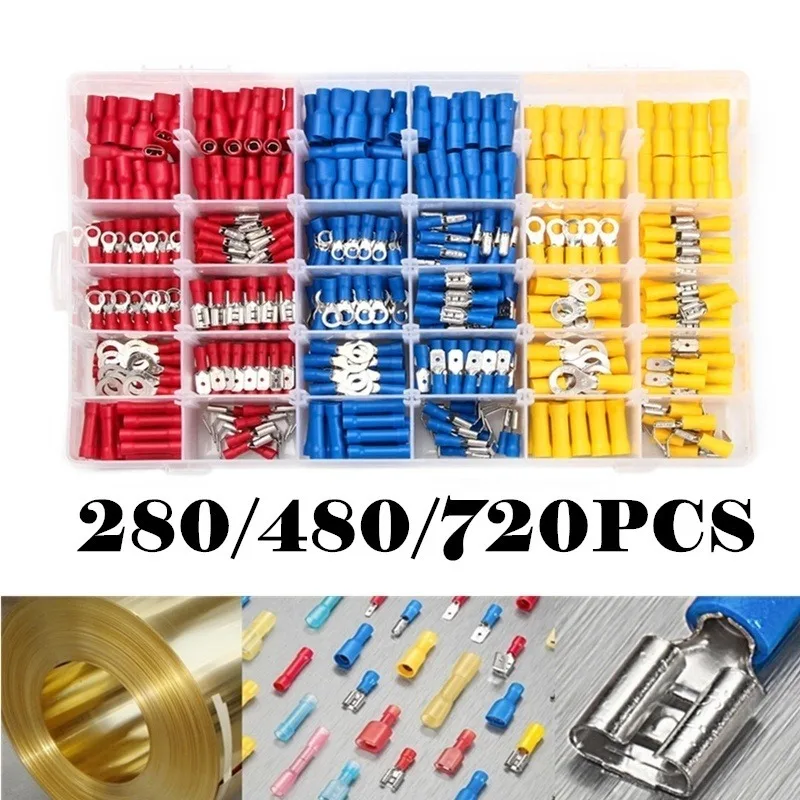 

280/480/720PCS Assorted Full Insulated Crimp Spade Ring Butt Cable Connector Electrical Fork U-type Lug Rolled Wire Terminal Kit