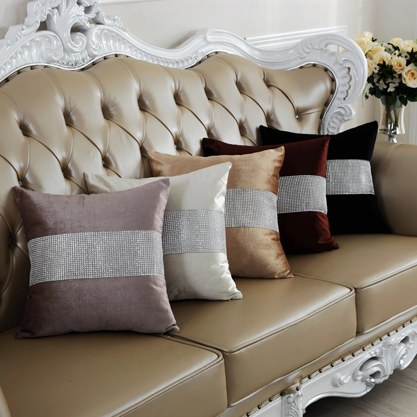 

European Style Pillow Cases Hot Drilling Sofa Cushion Cover Flannel High-end Luxury Lumbar Pillowcase Lunch Break Nap