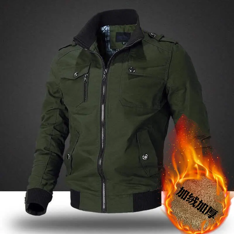 

Fashion Men Plus Velvet Bomber Thicken Windbreaker Jackets Coat Men 2021 Autumn Winter New Outwear Slim Military Jacket Male