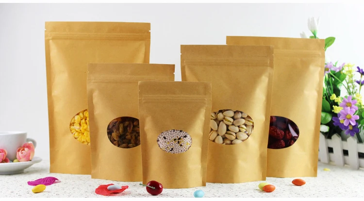 

15*22+4cm 100pcs Stand Up Clear Window Brown kraft paper bags with Zipper lock for Food/Tea/Nut/Coffee Resealable Packaging Bag