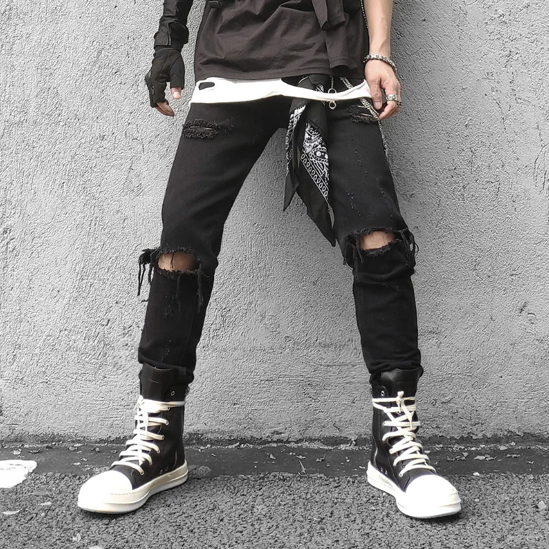 

Уличные черные облегающие джинсы, нищие брюки, узкие брюки Rip в стиле панк, рваные брюки Канье в стиле панк-рок
