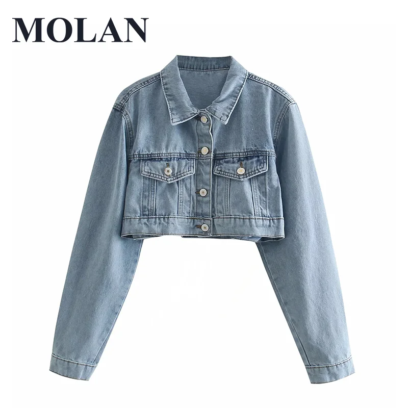 

MOLAN Fashion Denim Short Jacket Woman Lapel Neck Long Sleeve Streetwear Singal Breasted Jean Top Female Vintage Denin Outwear