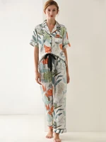 printed floral pajamas set women short sleeves home suit silk imitation sleepwear turn down collar pajamas summer femaie
