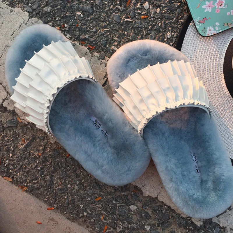 Женские Плиссированные кожаные меховые шлепанцы Модные Повседневные туфли на