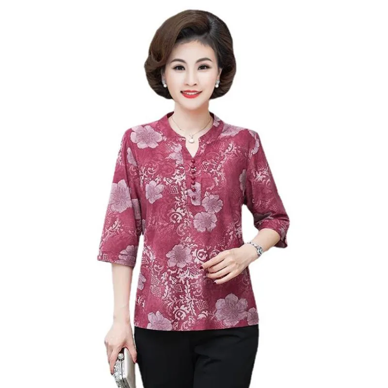 

New Spring Summer Flowers Printed Shirt Women 3/4 Sleeve Fashion V-Neck Loose Blouse Blusas Mujer Plus Size 5xl s1121