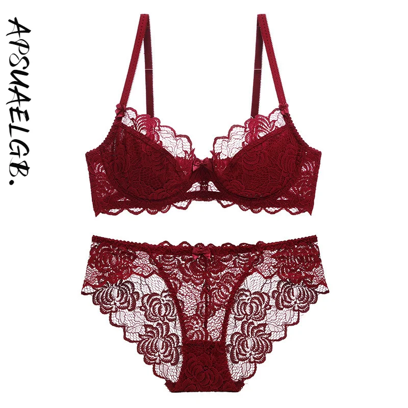 

APSUAELGB.- lace transparent bra sexy ultra-thin large size underwear sponge-free bra set lingere set